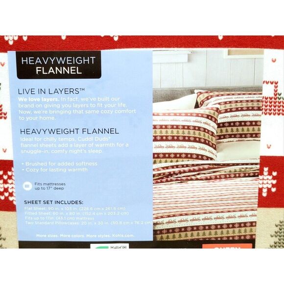 Cuddl Duds Heavyweight Cotton Flannel QUEEN Sheet Set Deep Fit Truck Fairisle - Picture 6 of 8